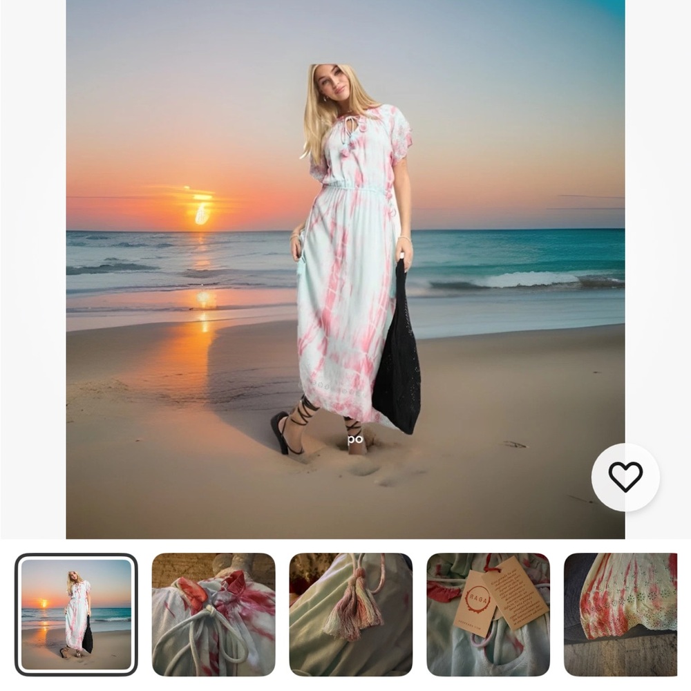 Raga Chic Tie-Dye Boho Maxi Dress in Pink Aqua and White,ties on sides w tassels